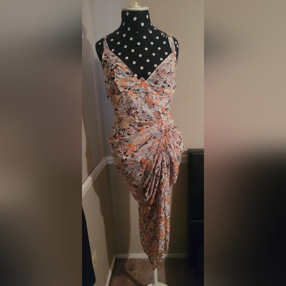 Pretty Little Thing Peach Floral Print Underwire Detail Draped Midi Dress Sz8 US - Picture 3 of 6